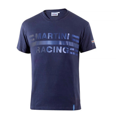 Navy blue t-shirt with 'Martini Racing' text on a white background